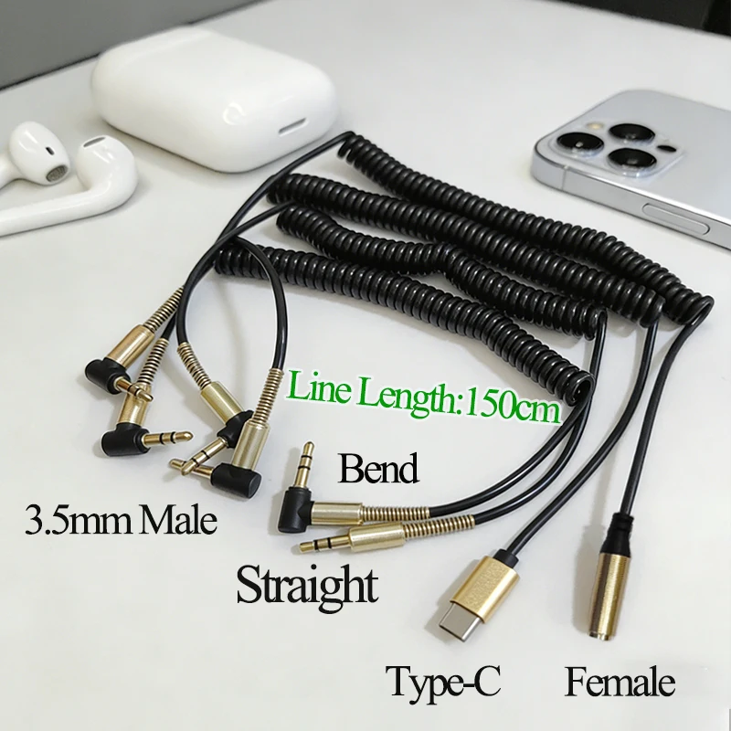 1PC 1.5M 3.5mmBend Male TO Straight Type-c Female  Jack AUX Audio Cable For Phone Car Speaker MP4 Headphone Spring Audio Cables