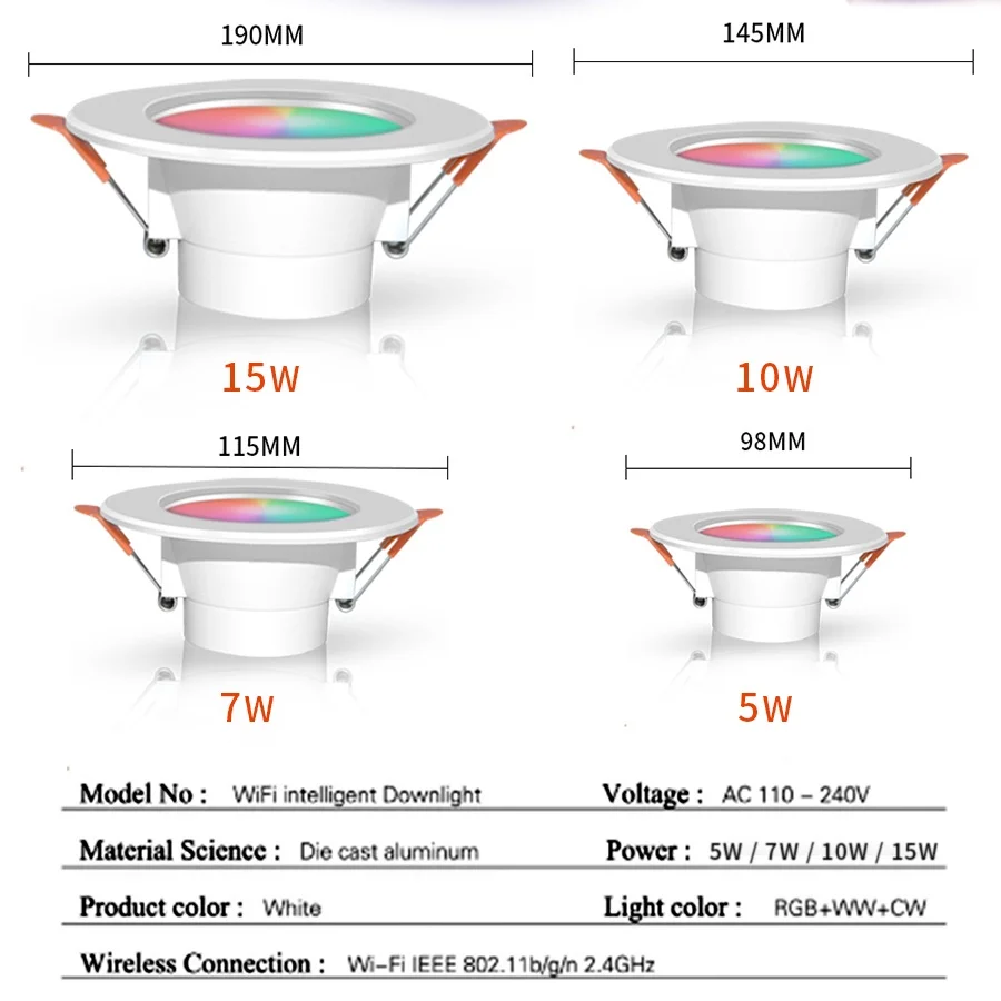 Tuya WiFi Bluetooth LED typu Downlight wpuszczany reflektor RGB inteligentna lampa sufitowa 5W 7W 10W 15W działa z Alexa Google Home 110V 220V