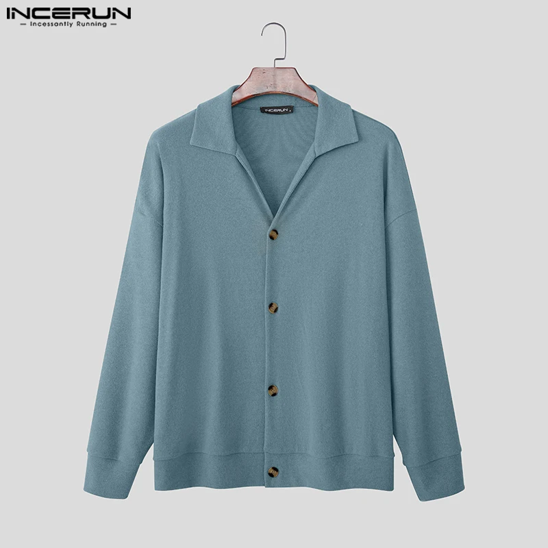 INCERUN-cárdigan de punto de Color liso para hombre, suéter de manga larga con solapa para hombre, suéter informal holgado de estilo coreano 2025, abrigos para hombre