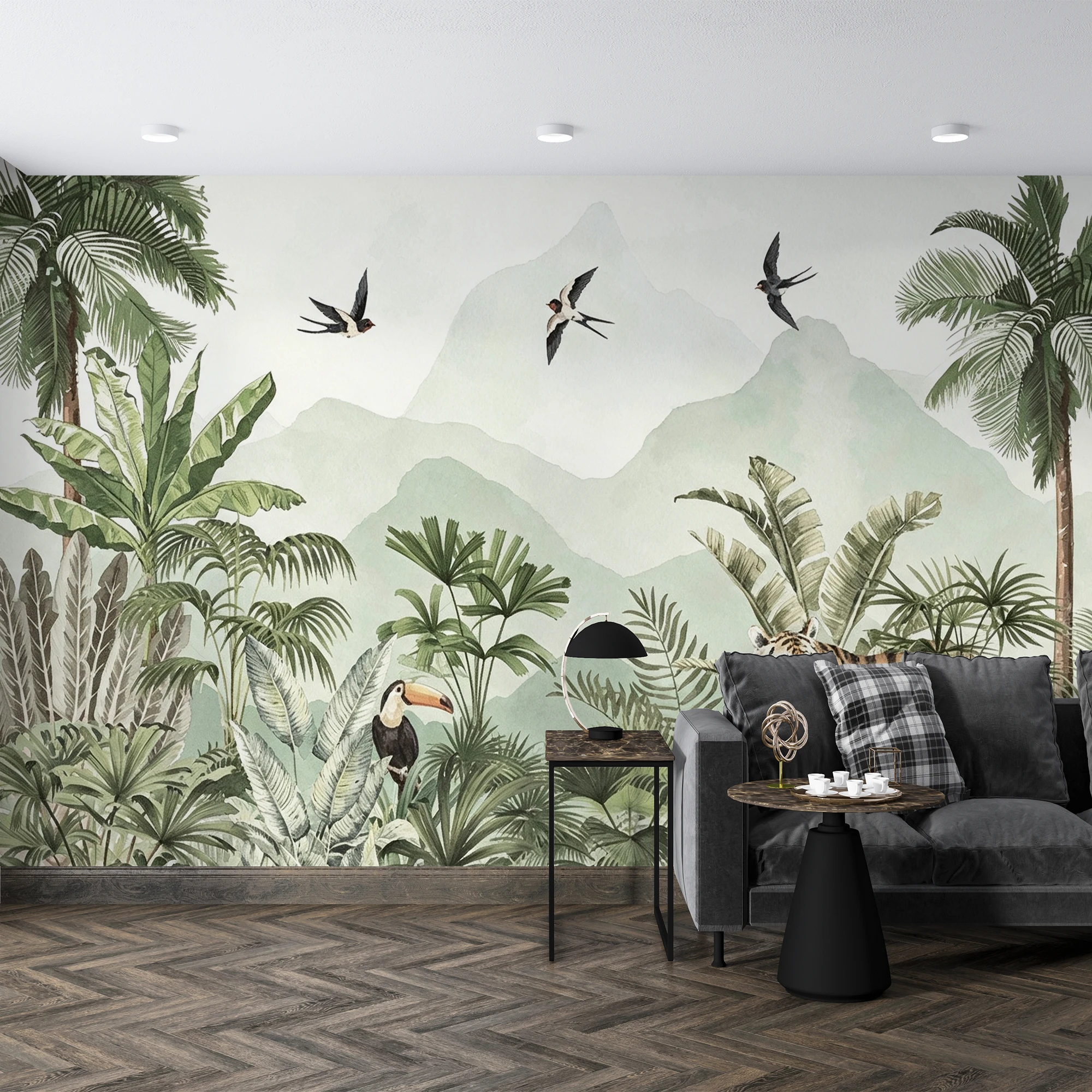 MilofiCustom Mural Wallpaper Watercolor Tropical Jungle Tiger Palm Leaf Swallow Mountain Print Wall Mural Living Room Decor Pape