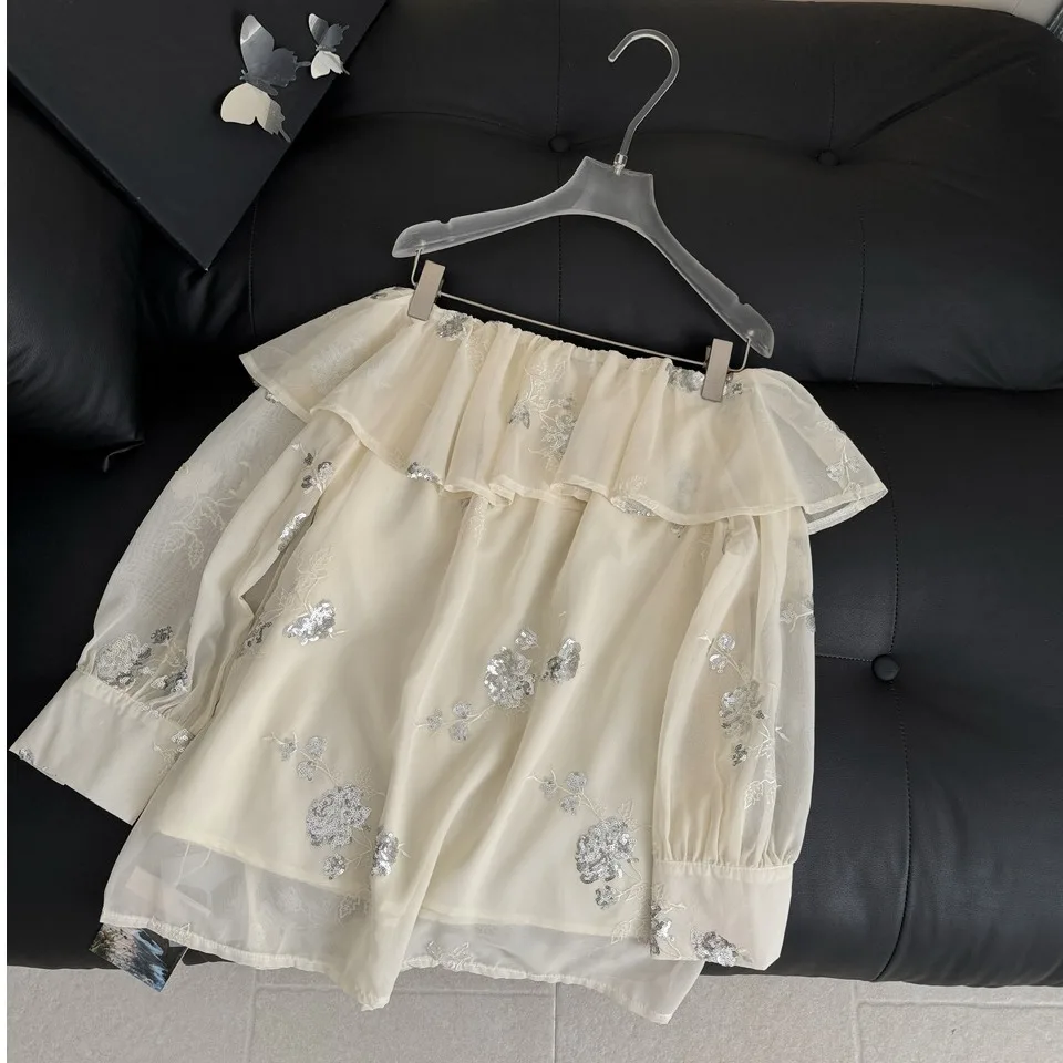 

Нежная вышитая блузка на одно плечо с оборками, оригинальный дизайн, весна 2026, бесшовная ткань, повседневный стиль