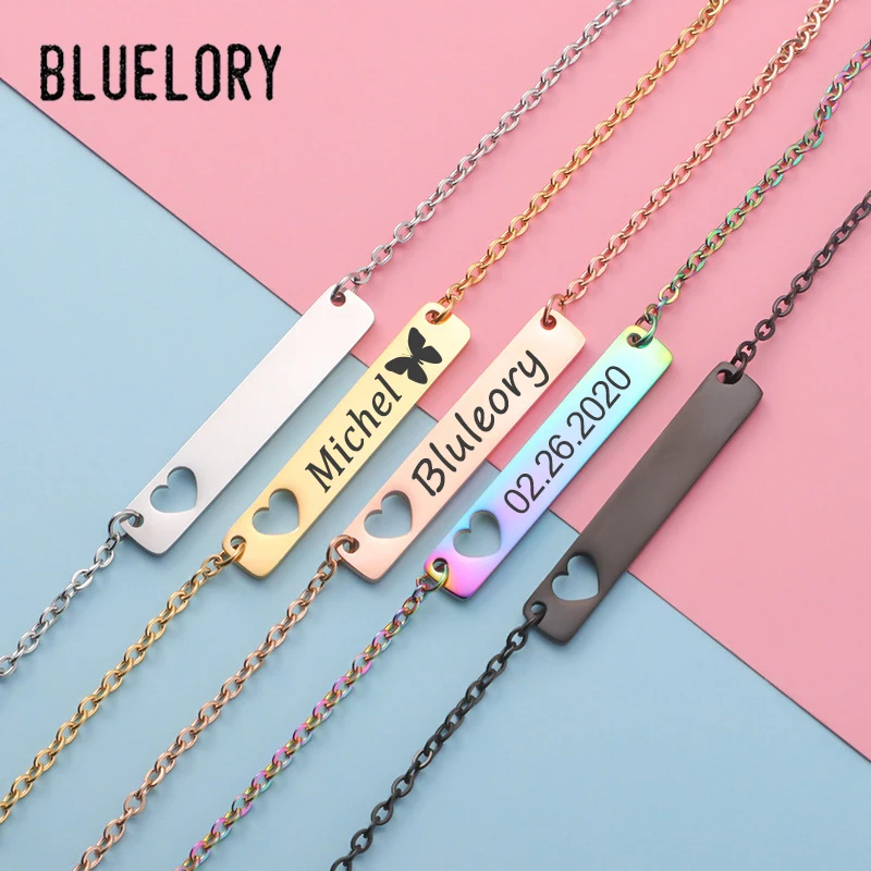 

Bluelory Custom Name Heart Bar Necklace For Women 4 Colors Engrave Names Date Word For Friend Lovers Customized Jewelry Gift
