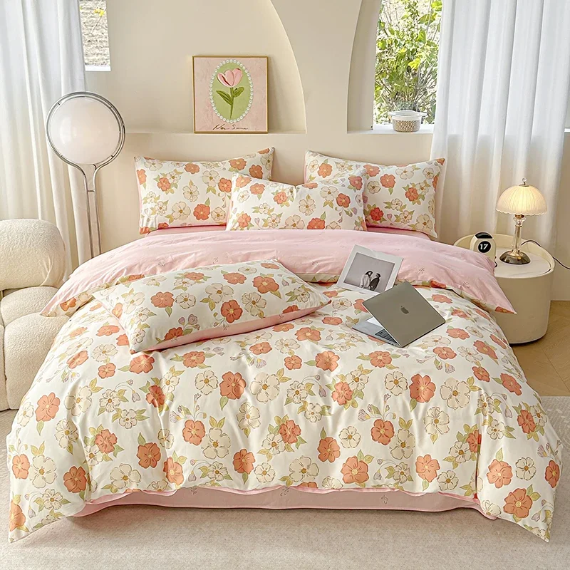 3pcs Floral 100% Cotton Duvet Cover Set Soft Comfortable Queen Bedding Set Skin Friendly Pure Cotton Comforter Cover Pillowcases
