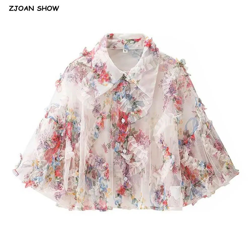 Autumn Women Cascade Wood Ears Floral Print Mesh Shirt Lapel Collar Single-breasted Buttons 3/4 Puff Sleeve Loose Blouses Tops