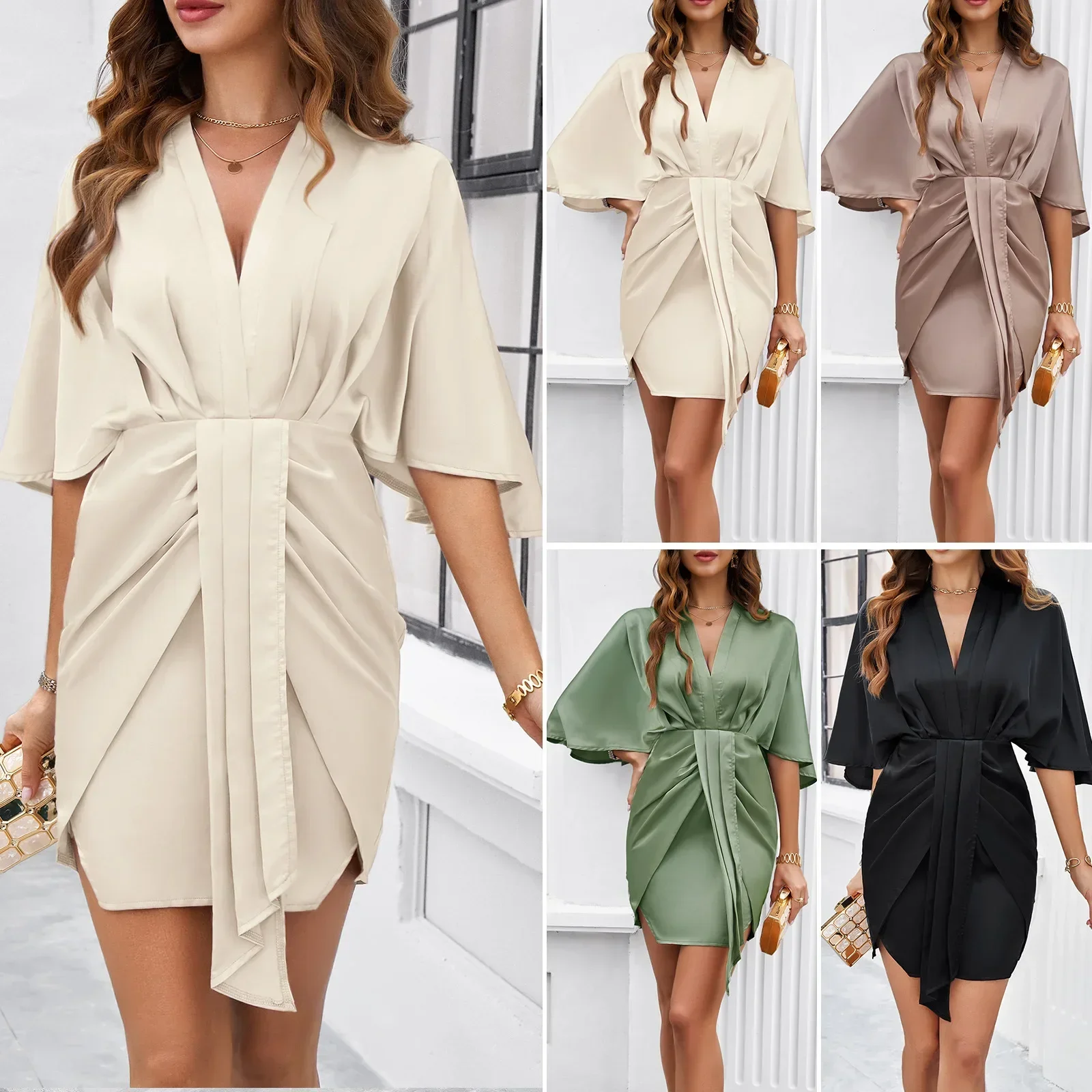 LIBIELIY Spring Autumn Women's Elegant V Neck Dress High Waist Half Sleeve Dress Solid Color Satin Formal Knee Length Dresses Fo