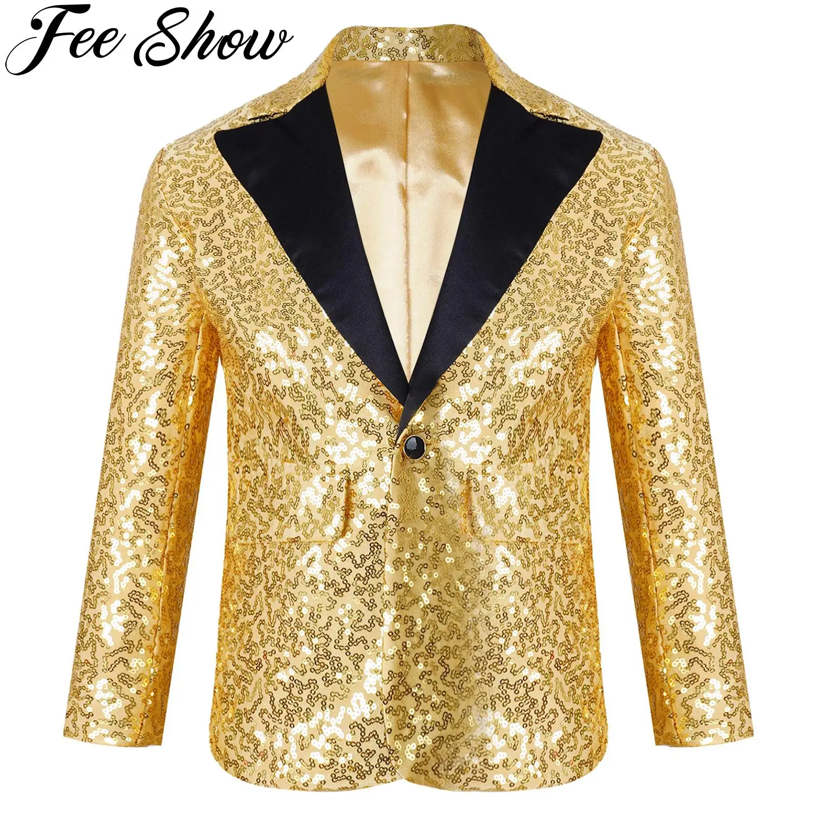 Children Kids Boys Glitter Sequins Wedding Pageant Blazer Coats Long Sleeves Jackets Modern Dancing Stage Performance Costumes