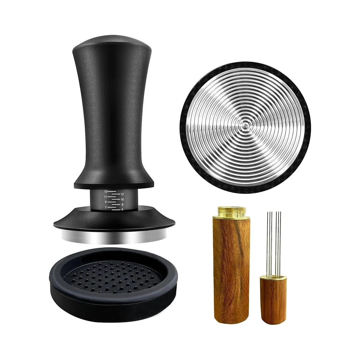 Prensa de café expreso de 51 mm con herramienta WDT calibrada con resorte, con alfombrilla de silicona, para cafetera espresso