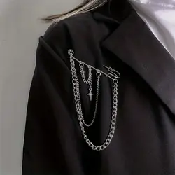 Retro Punk Star Cross Chain Brooch Multi-layer Metal Chain Sweater Collar Clip Waist Chain Tassel Pendant Brooch Jewelry Women