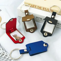 Classic Blank PU Leather Keychain Mini Photo Frame Metal Keyring Simple Waist Pendant Car Keychains For Men Couple Souvenir Gift