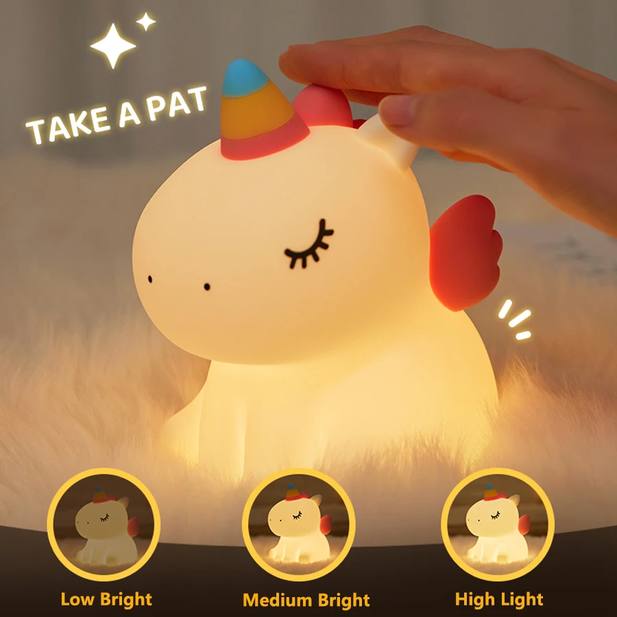 Rechargeable Unicorn LED Night Light Silicone Patting Lamp Dimmable Bedside Lamp Bedroom Decoration Mood Light Kid Children Gift