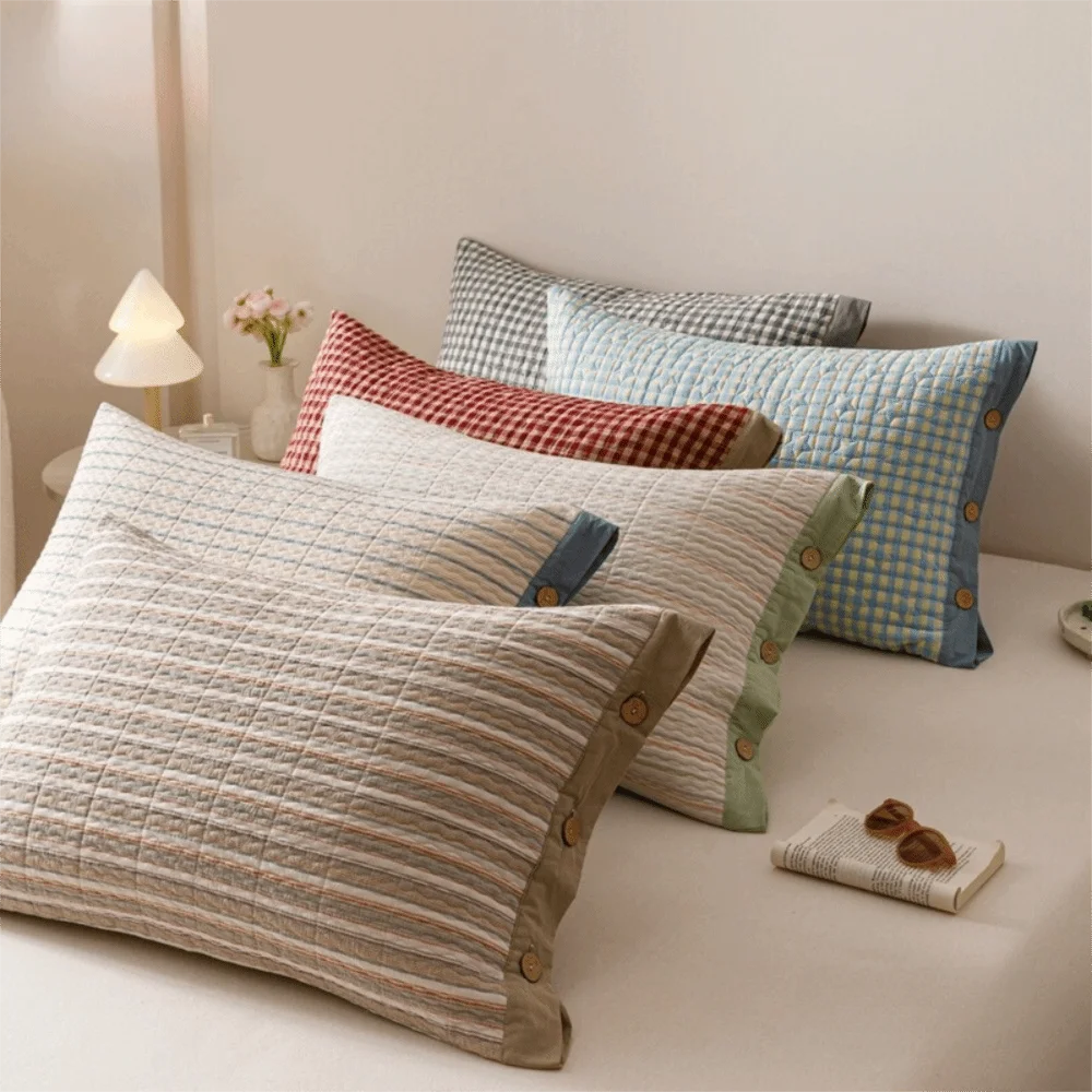Fashion Pure Cotton Envelope-style Plaid Pillowcase Rectangular Skin-friendly Pillowslip Quilted Breathable Pillow Cover Bedroom