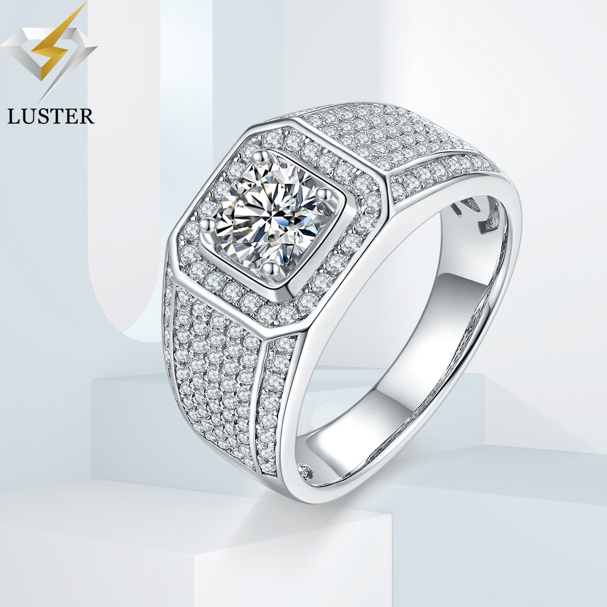 

LUSTER 6.5mm 1ct D Color Round 18K Gold Plated 925 Sterling Silve Moissanite Ring Diamond Test Passed Jewelry Gift for Men