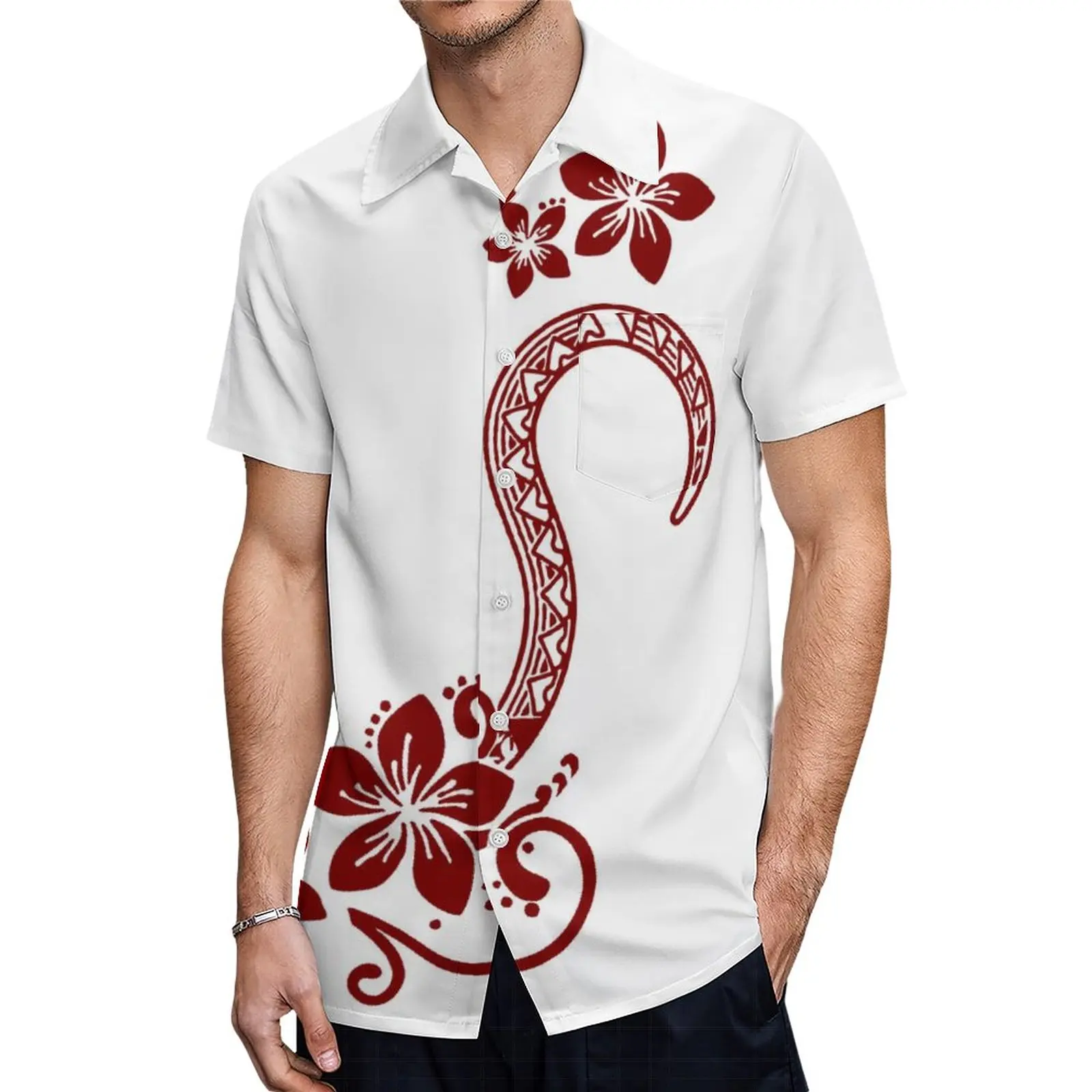 Hot Sales Summer Mens Short Sleeve Shirt Custom Polynesian White Button Shirts Plus Size Hawaiian  Men Shirts