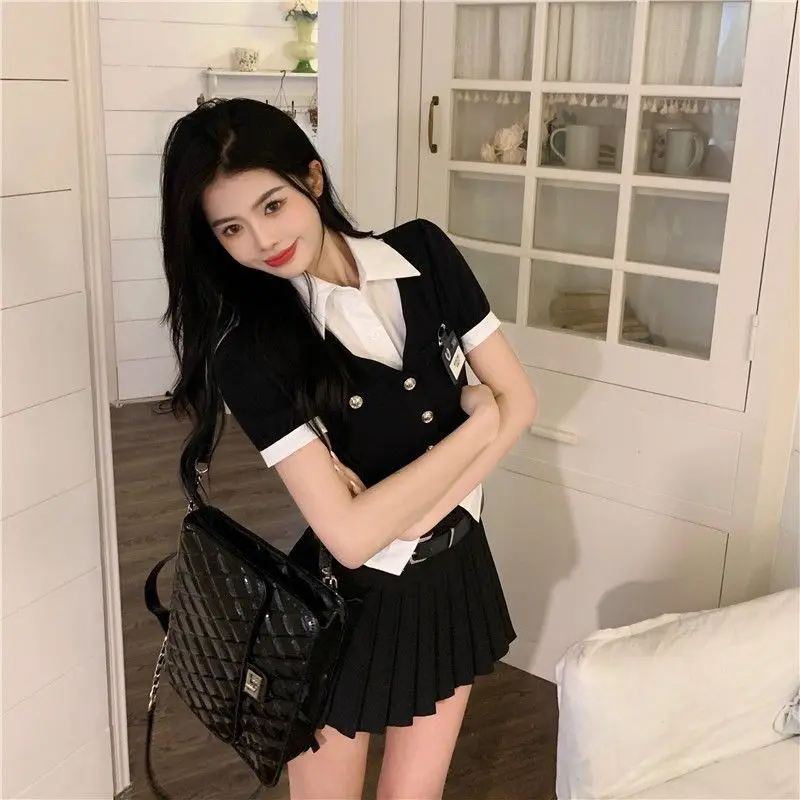 Japanese Style Jk Uniform Set women's Summer Two Piece Shirt  Korean Style High Waist Pleated Half Skirt Three Piece Set