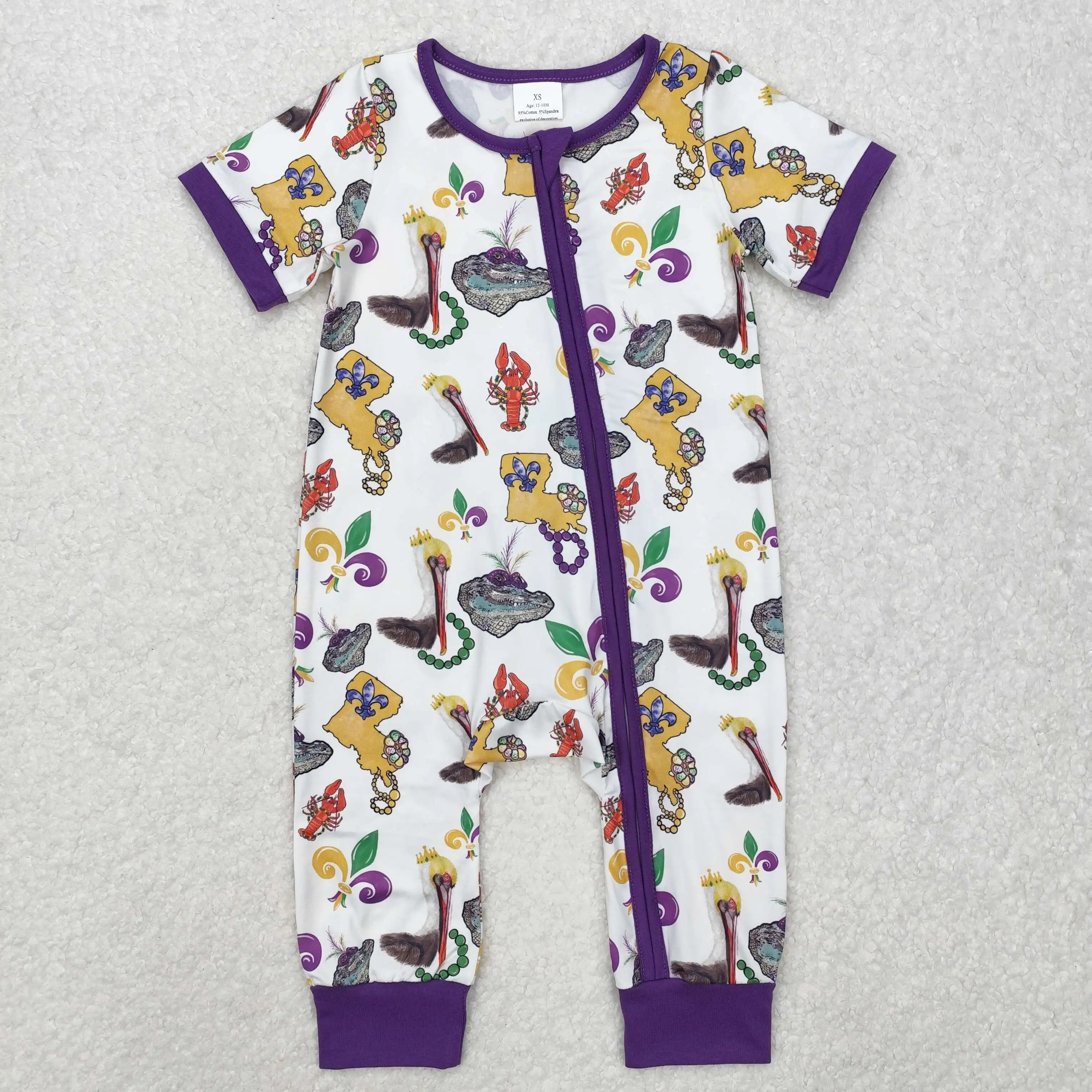 Wholesale Baby Boy Mardi Gras Bodysuit Children Short Sleeves Zipper Purple Romper Kid Toddler Newborn Coverall Pajamas Jumpsuit