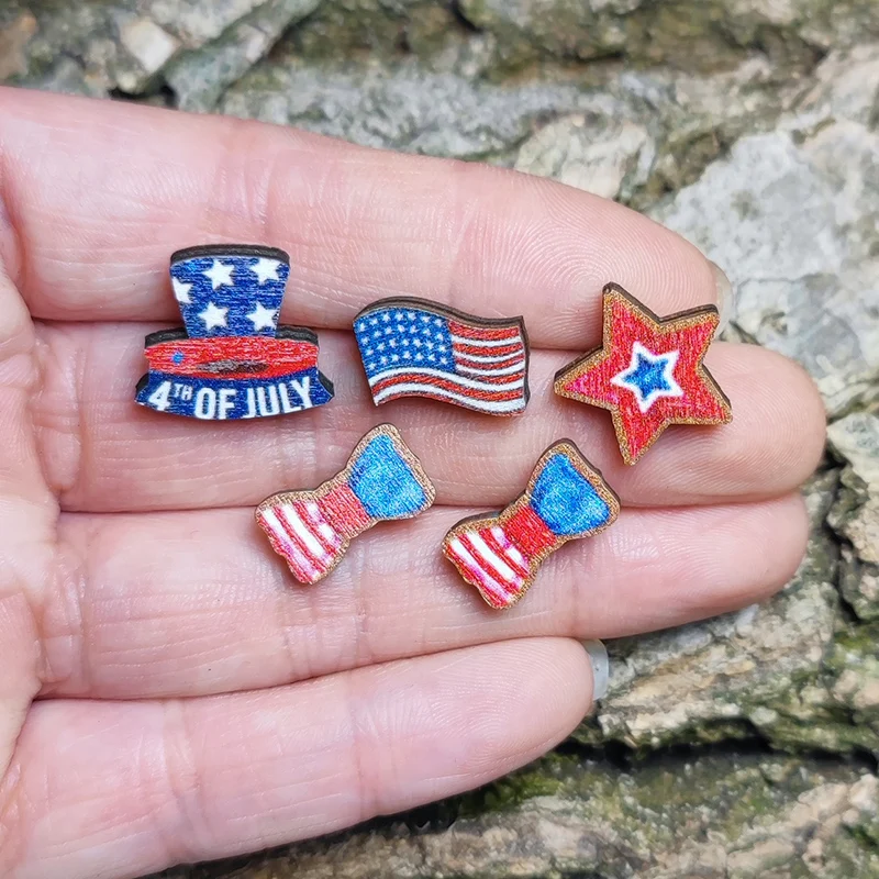 New American Independence Day Earrings Hat Flag Five Star Tie Woodnail Earrings July 4th US Flag Colored Earrings Decoration