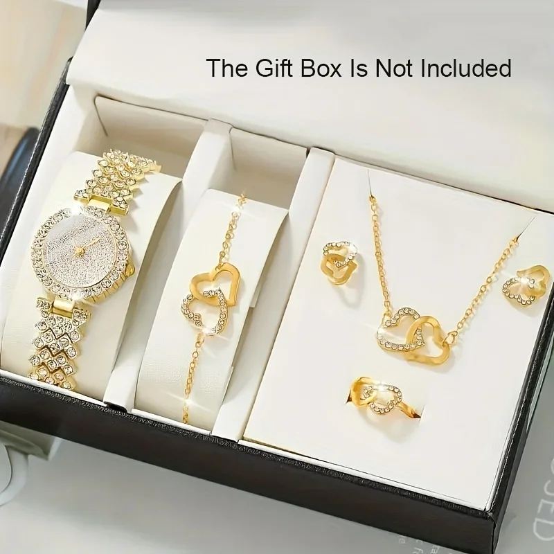 6pcs/set Women's Shiny Rhinestone Quartz Watch Analog Stainless Steel Band Wrist Watch & Heart Jewelry Set, Gift For Mom Her