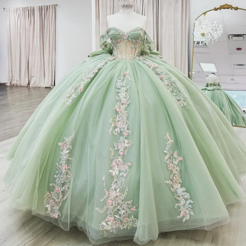 

Светло-зеленое блестящее платье Quinceanera, бальное платье с открытыми плечами, аппликация из бисера и банта, тюлевое платье для вечеринки, дня рождения, сладкое платье 16, Vestidos