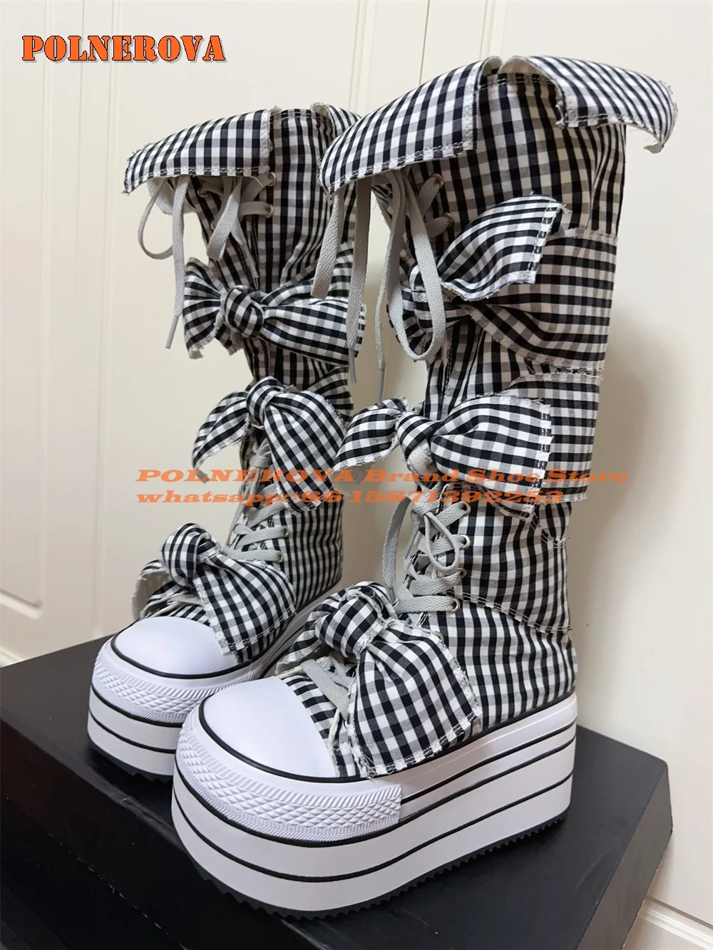 

Platform Bow Plaid Cross Tied Knee High Boots Round Toe Height Increasing Patchwork Canvas Punk Shoes Subculture Style New Tend