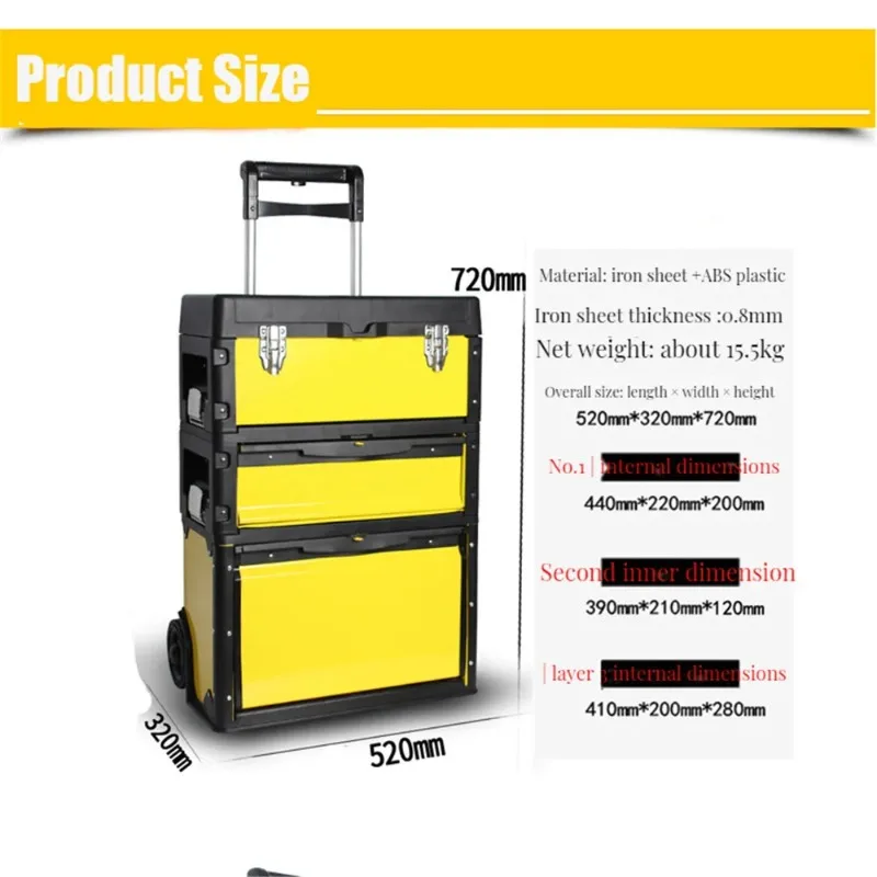 Removable Three-layers Alloy Tool Box with Wheels with Drawers Large Capacity Portable Tool Storage for Electrician Metalworker