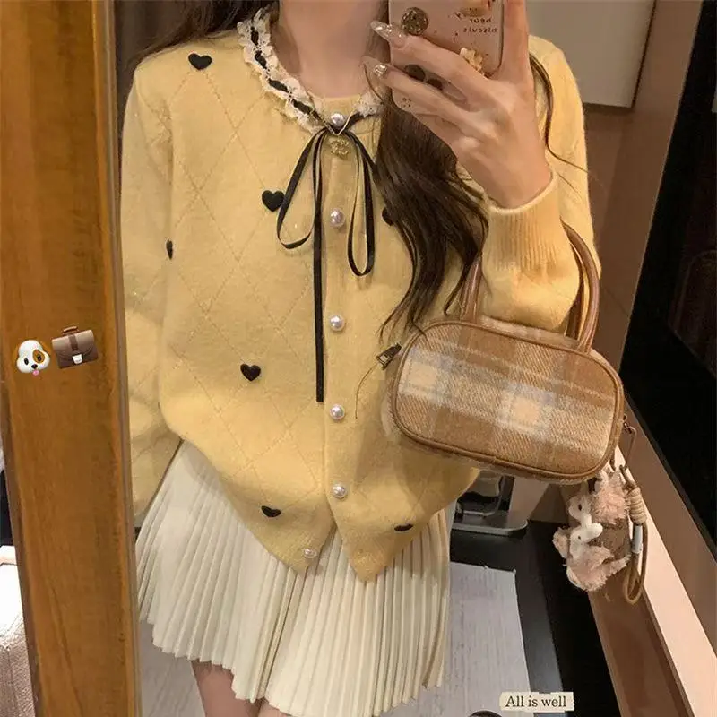 Amor coração renda redonda ne nó único botão de malha aberta cardigan feminino outono inverno novo sle jovem quente t...