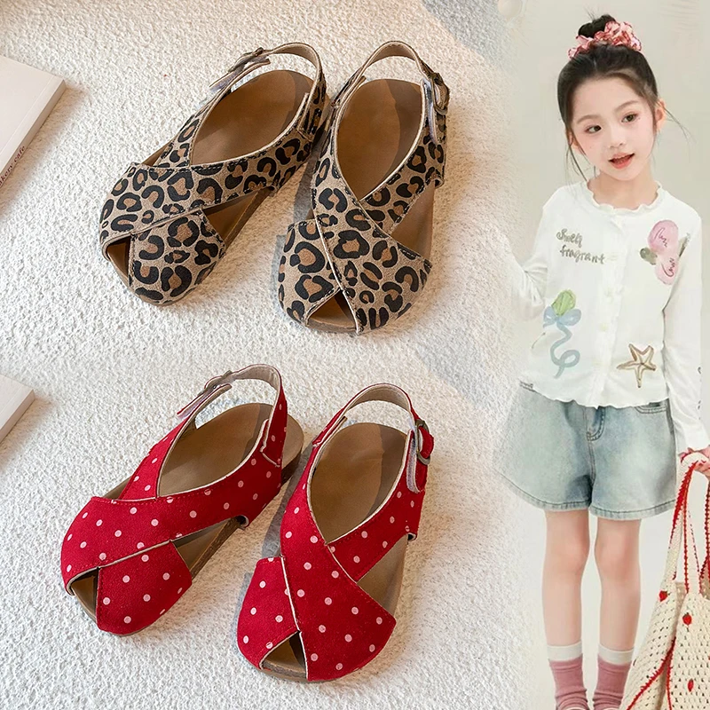 Children's Sandals Leopard Print Polka Dot Summer Soft Cross Open Toe Beach Slippers for Kids Toddler Footwear Boys Girls Shoes