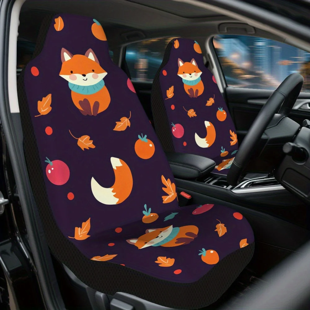 2pcs Autumn Foxes And Fruits Print Car Seat Covers - Durable Polyester, Easy To Install, Enhance Comfort & Style, Perfect Gift F