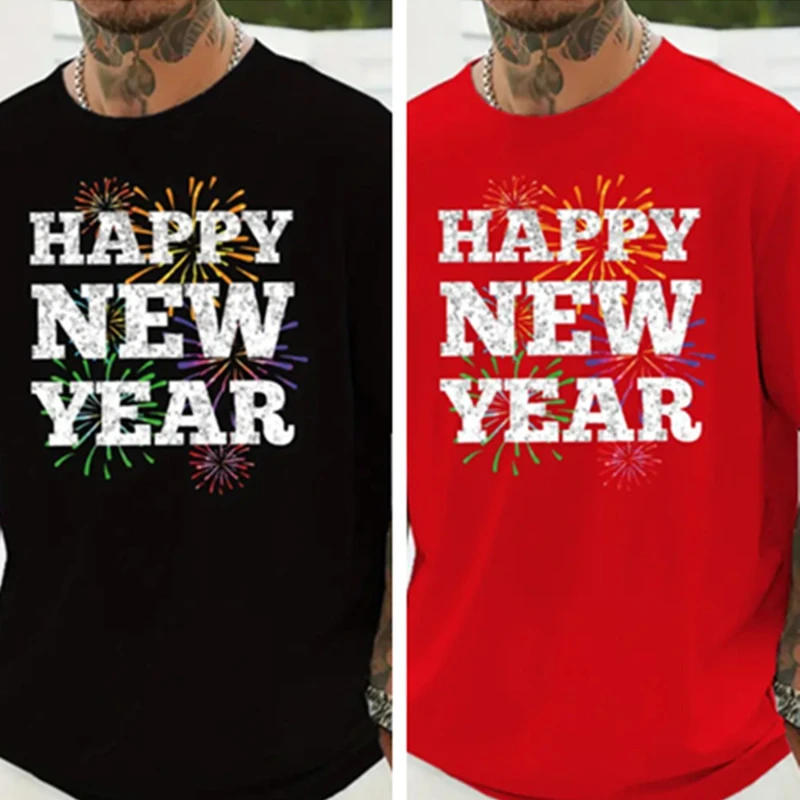 

Men's 2026 Happy New Year Print T-Shirt Short Sleeve Casual Funny Outdoors Fashion High Quality Cotton Short-sleev Tee