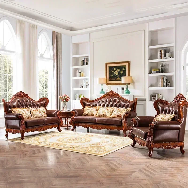 For  Leather Art Carved Sofa European-style Solid Wood Combination Large ApartmentvLiving Room Home Furniture