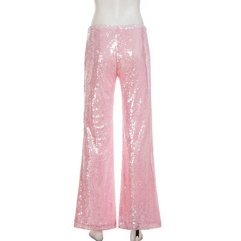 여성 패션 글리터 스팽글 루즈 스트레이트 팬츠 레이스업 허리 나이트 클럽웨어 파티 바지 올 매칭 스트리트웨어 바지