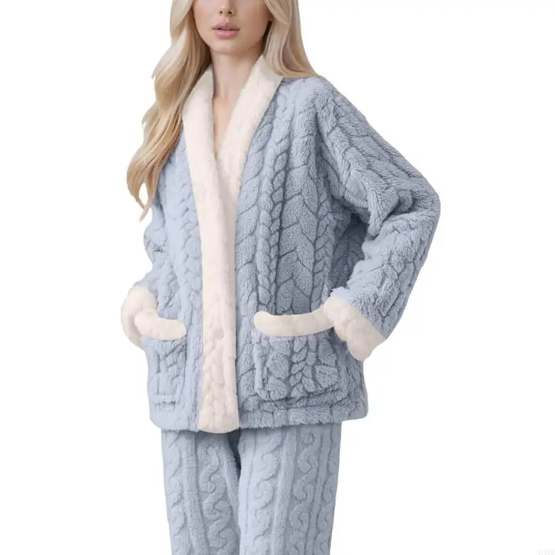 

L38E Women's Winter Fuzzy Pajama Coats Casual Thicken Warm Flannel Button Fleece Sleepwear Cozy Soft Loungewear