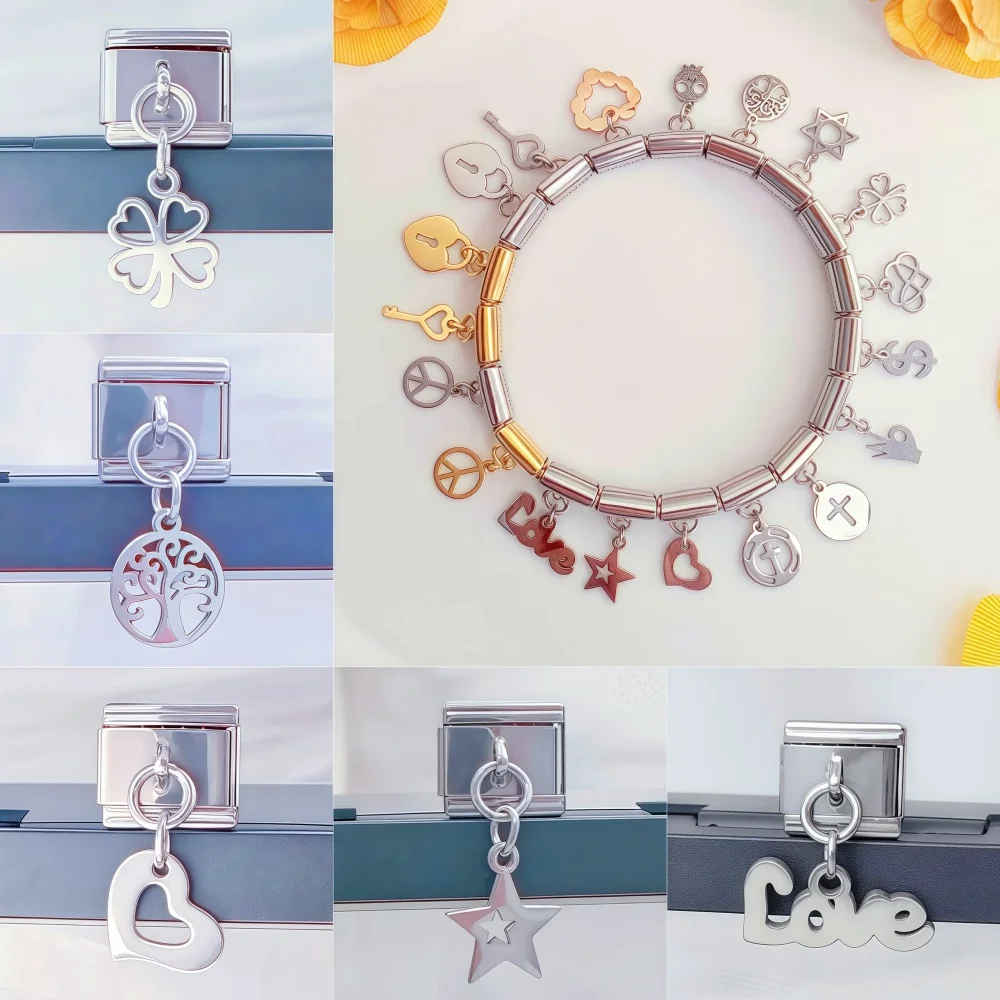 

Love Cross Four-leaf Clover Hexagram Star Italian Charm Fit 9mm Link Bracelet Chain Stainless Steel pendant Jewelry