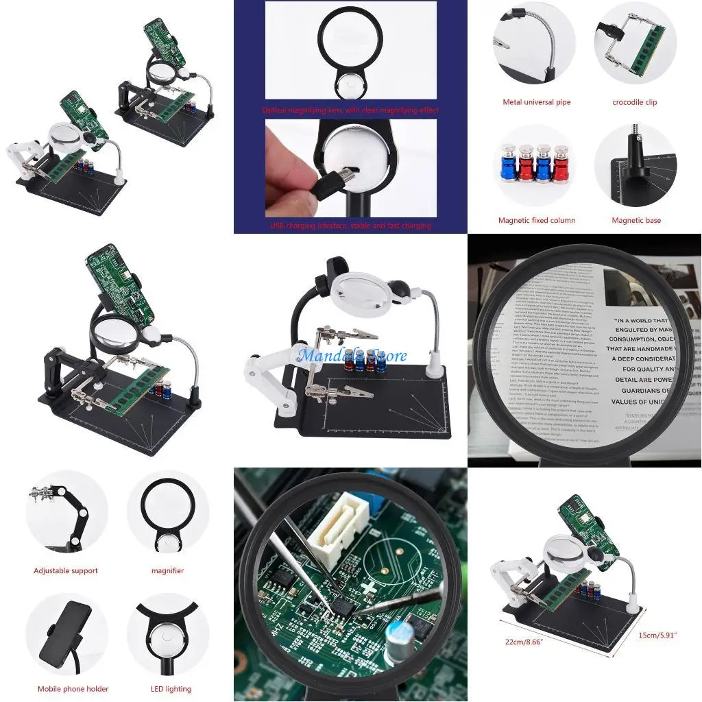 

U2JC Soldering Iron Welding-Stand Station with 2 LED Clip Magnifier-Magnifying Glass
