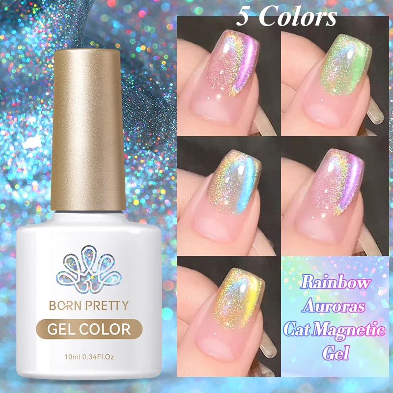 

BORN PRETTY 5 Colors Set 10ml Rainbow Auroras Cat Magnetic Gel Colorful Semi Permanent Soak Off UV Gel Manicure Nail Art Varnish
