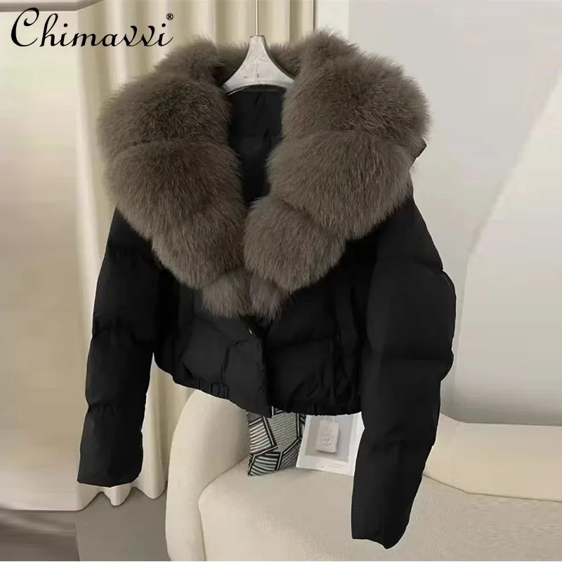 American Fashion Socialite Fox Fur Collar Short Down Jackets Elegant Single-Breasted Thick Warm Down Coats for Women Winter 2025