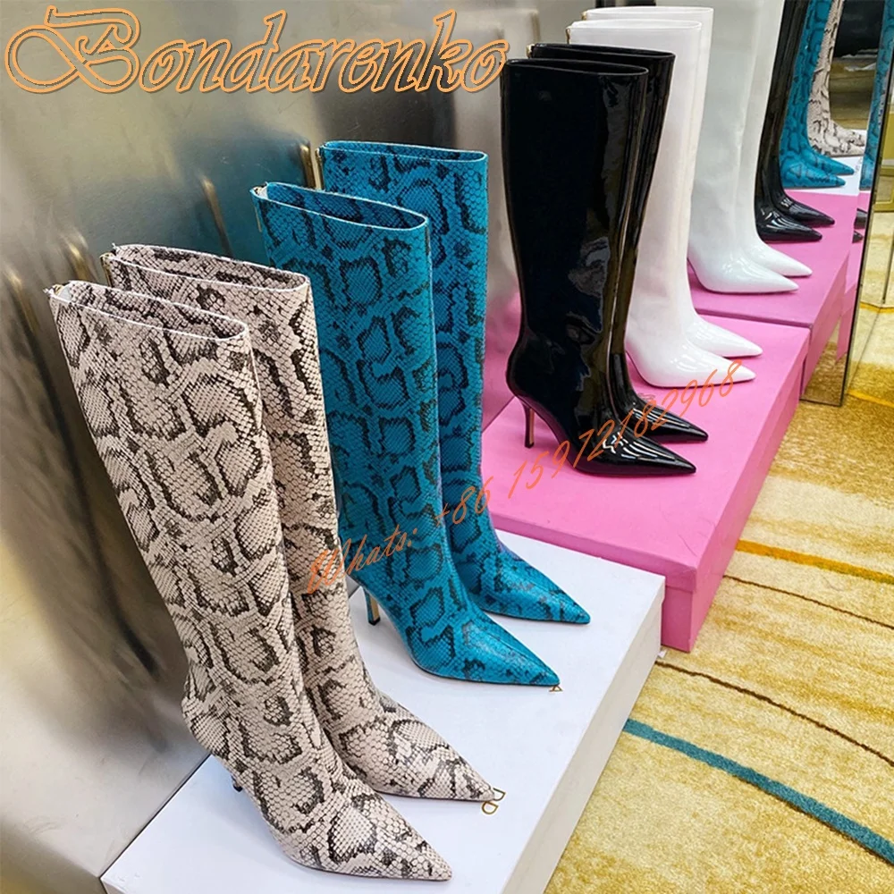 Snake Pattern Designer Boots Pointed Toe Stiletto Heels Knee High Boots Women Sexy Shoes Back Zipper Metal Heels Winter New Shoe