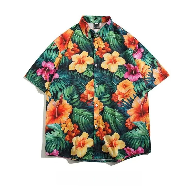

Summer Men's Retro Hawaiian Short Sleeve Floral Shirt Loose Handsome Beach Vacation Travel Half Sleeve Flower Shirt Coat