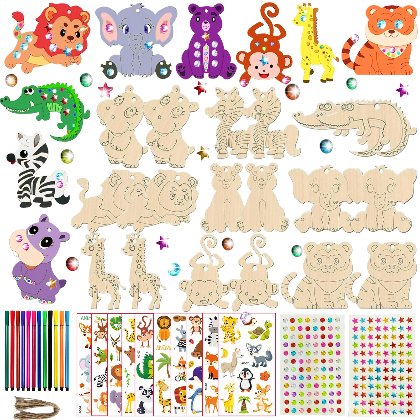 242pcs animal wooden crafts set, 18 unfinished animal wooden pendants, birthday crafts, painting wooden pendants, wooden crafts