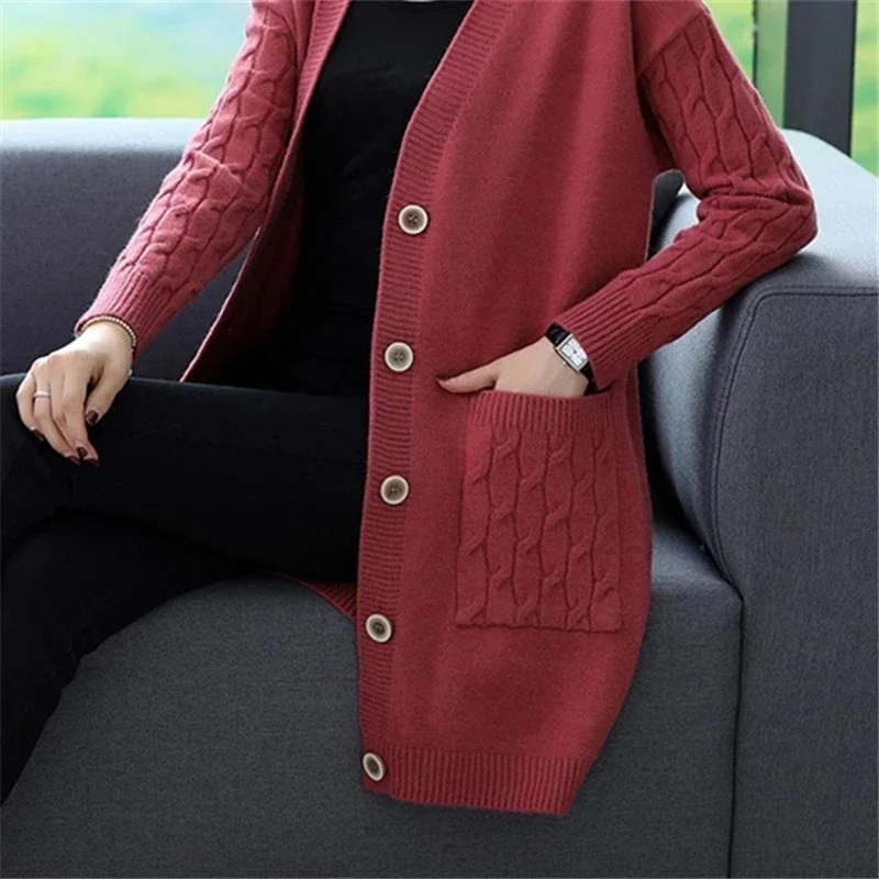 2024 Autumn New Knitted Cardigan Women Sweater V Neck Solid Vintage Loose Knitwear Ladies Tops Single Breasted Casual Clothes