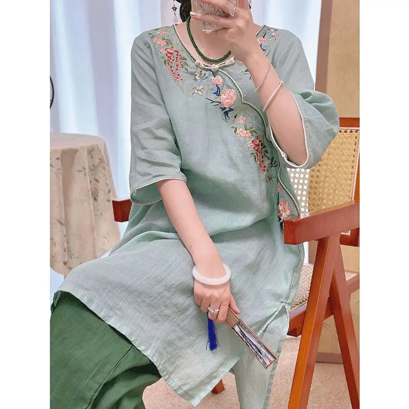 Retro Sommer Neue Chinesische Stil Hochwertige Gestickte Top Kleid Temperament Zen Tee Kleidung Hemd Rock Weiblichen Ethnischen Stil
