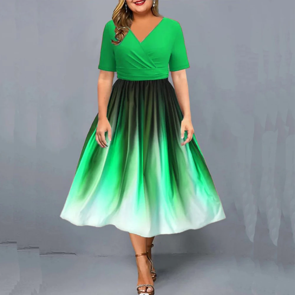 Plus Size Dresses for Women 2023 Casual V Neck Short Sleeve High Waist Slim Midi Dress Female Summer Elegant Party Vestidos