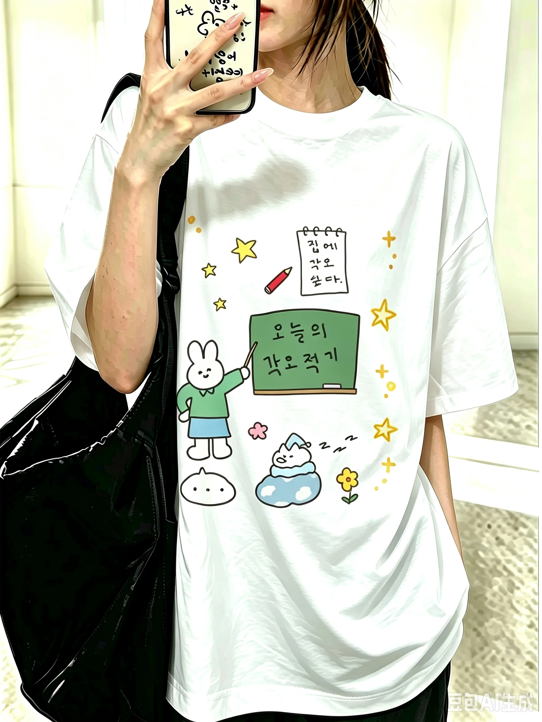 Cute Cartoon Rabbit Graphic T‑Shirt Korean Letter Notebook Star Flower Print Short Sleeve Kawaii Casual Streetwear Cotton Tops
