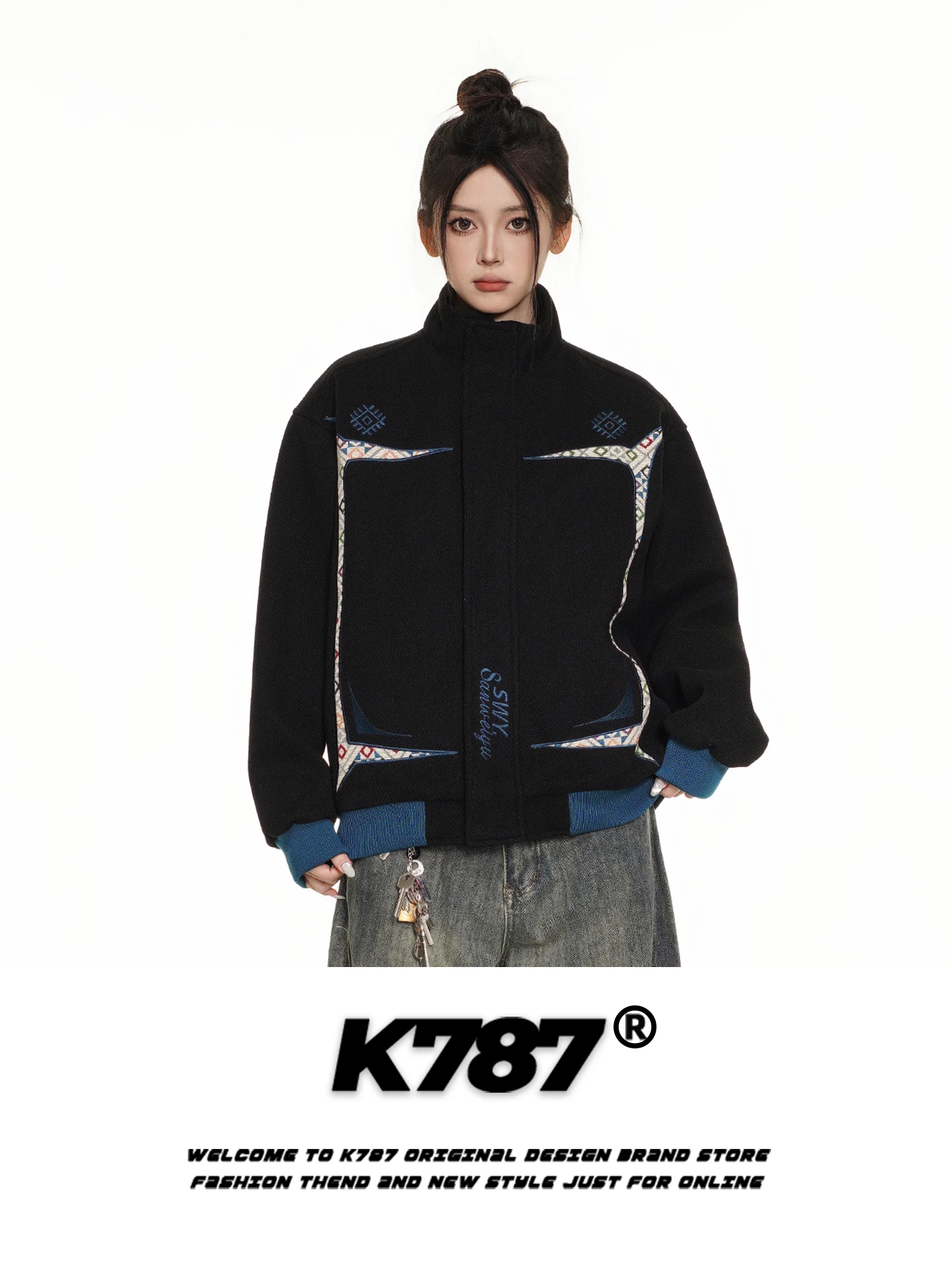 

K787 American Retro Embroidered Stand Collar Jacket Loose Casual Unisex Zipper Coat Trendy Youth Polyester Fiber Autumn Wear