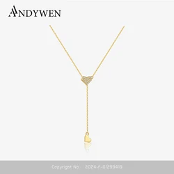 ANDYWEN Women 925 Sterling Silver Ajustable Flexible Fix Pulling Heart Long Chain Necklace Transformer Rubber Stopper Jewelry