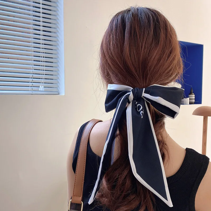 Koreanische Seide Brief Blume Lange Band Haar Schal Haar Bands für Frauen Mädchen Elegante Französisch Band Bogen Kopf Schal Kopfschmuck – Detail 10