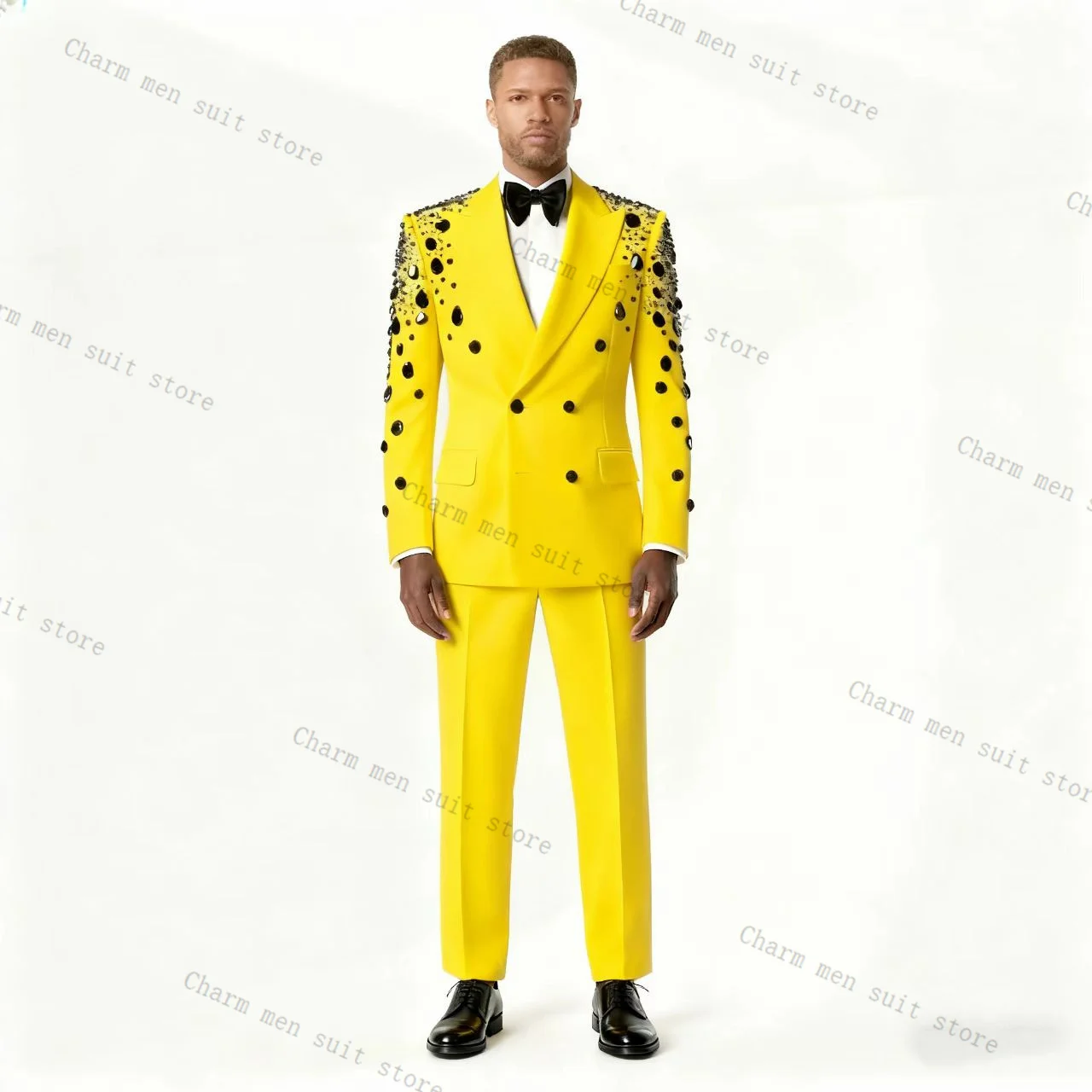 

Luxury Yellow Men Suits Set 2 Pcs Crystals Blazer+Pants Trousers Cotton Wedding Tuxedo Formal Office Business Groom Jacket Coat
