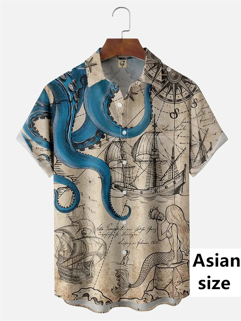 Men's Short Sleeve Shirt Vintage Nautical Adventure 3D Printing Summer Fashion Beach Daily Wear Retro Harajuku Camisas De Hombre