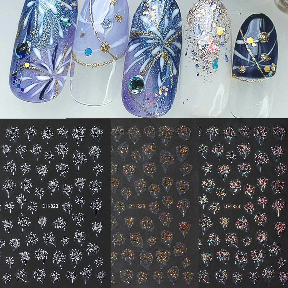 6 قطعة ملصقات الأظافر الألعاب النارية ، الذهب الأحمر الليزر تزهر الألعاب النارية نمط مسمار الشارات ثلاثية الأبعاد ذاتية اللصق مانيكير الزينة DIY بها بنفسك