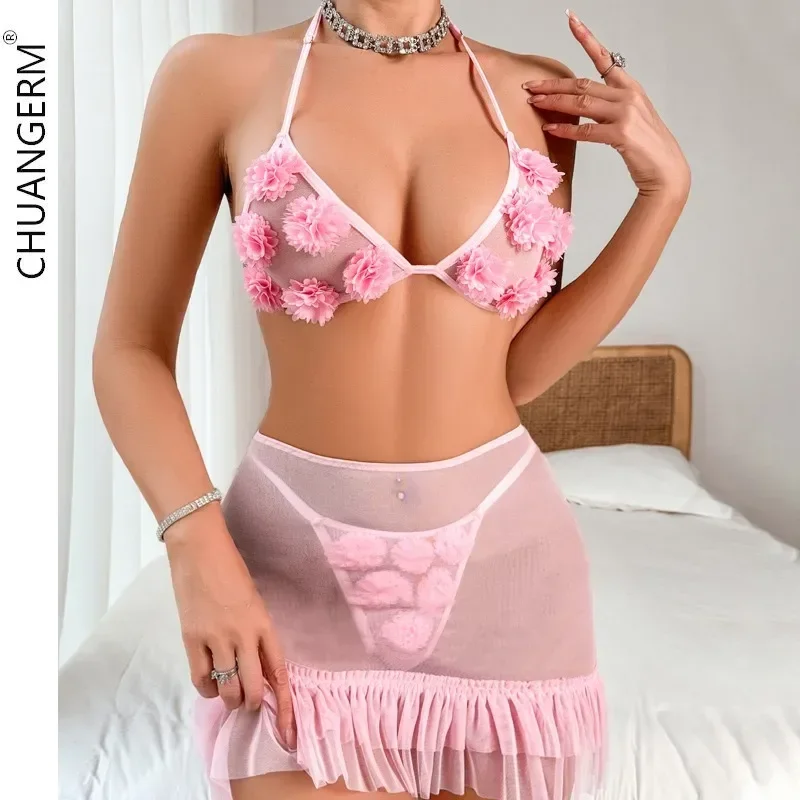 

CHUANGERM Pink Sexy Lingerie Fairy Hanging Neck Sexy Underwear Spicy Girl Short Skirt Perspective Mesh Fun 3-Piece Set 2024 New