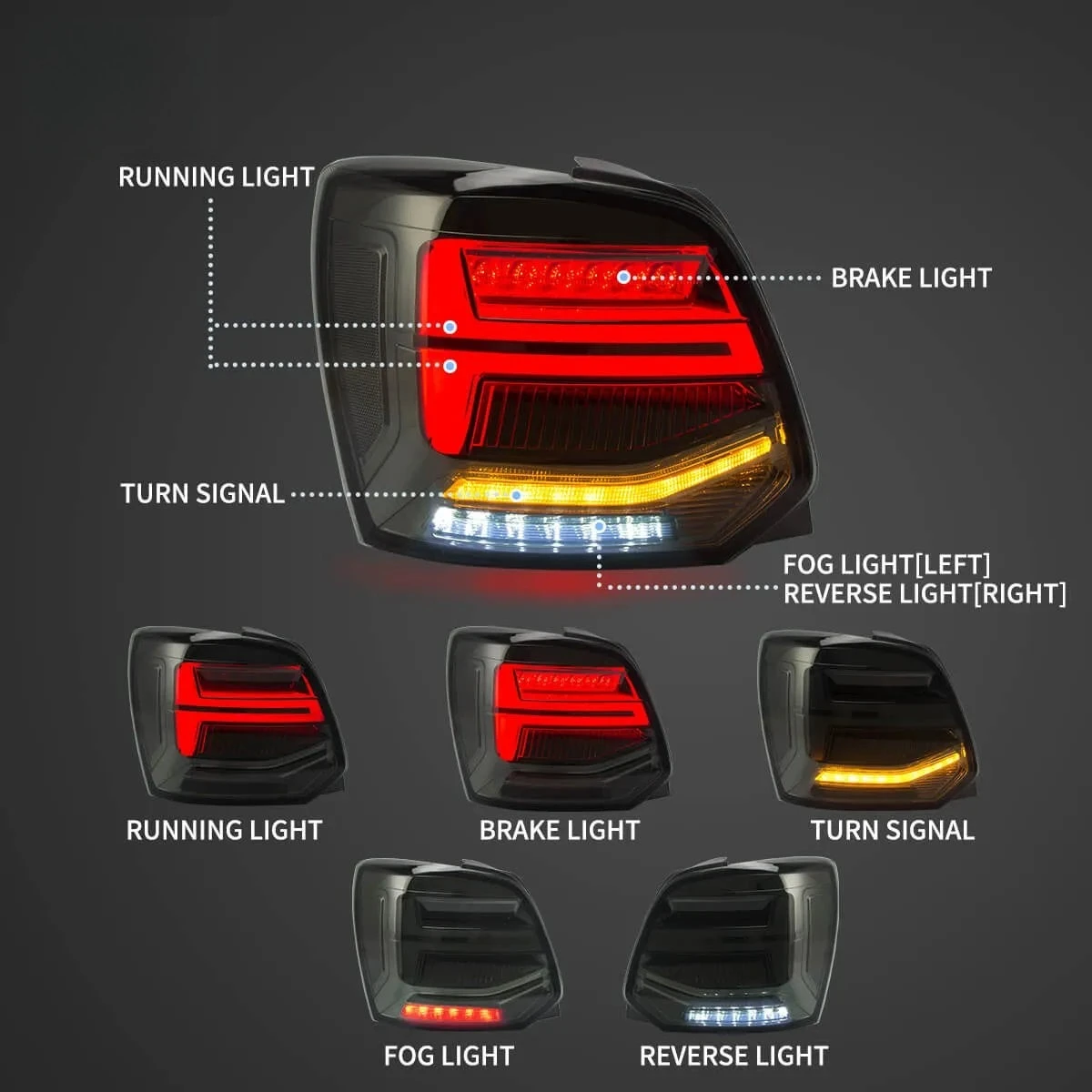 2 Stück E-Mark LED-Rückleuchten-Set für Volkswagen VW Polo MK5 6R 6C Schrägheck 2011-2017, E-Mark-zugelassene Rückleuchte mit dynamischem sequenziellen Blinker, Brems-, Rückfahr- und Tagfahrlicht,
